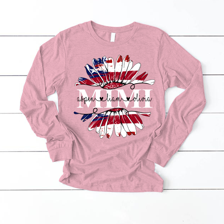 Mimi Flower Daisy Flag Custom Names And Grandkids 4th of july Longsleeve