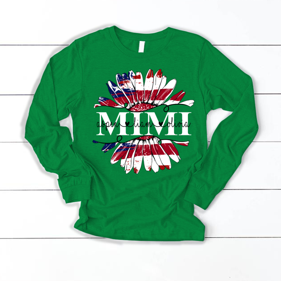 Mimi Flower Daisy Flag Custom Names And Grandkids 4th of july Longsleeve