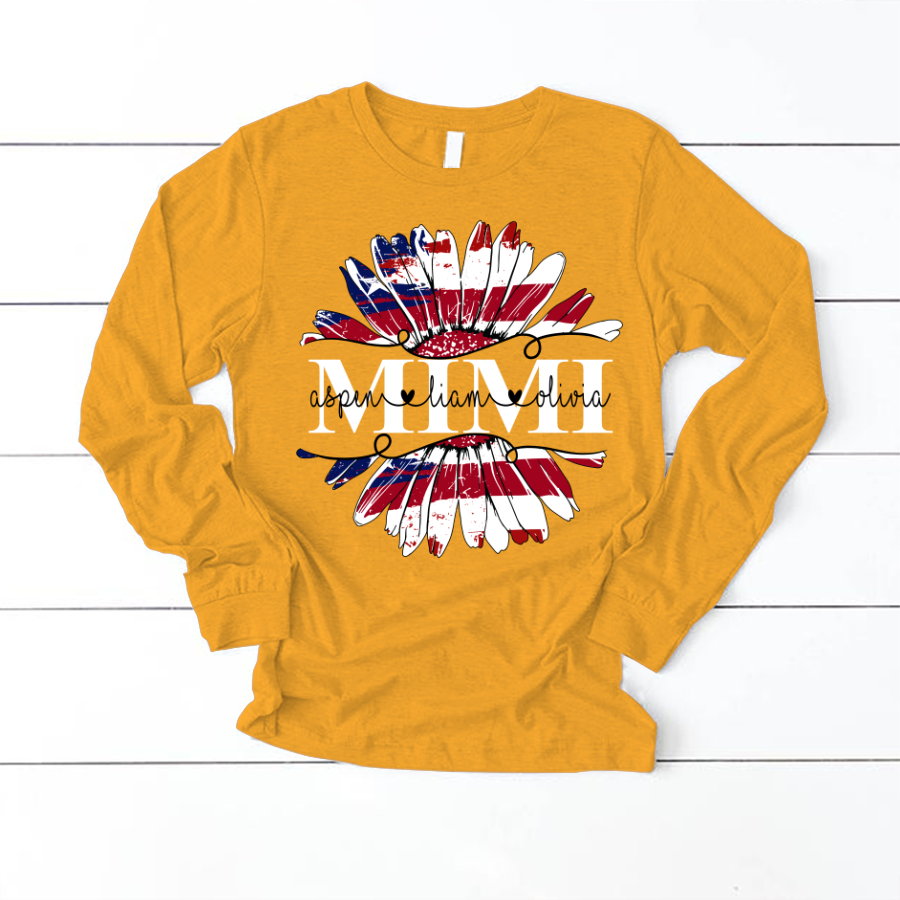 Mimi Flower Daisy Flag Custom Names And Grandkids 4th of july Longsleeve