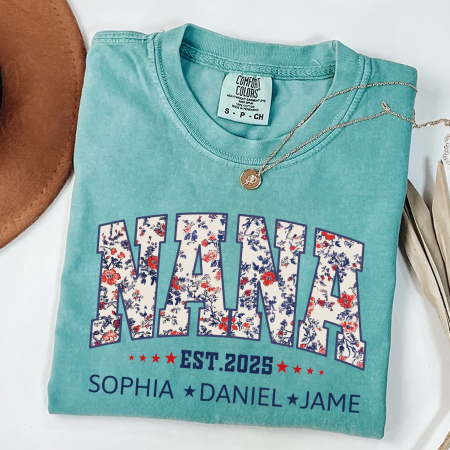Nana America Floral Est Year Custom Nana And Grandkids