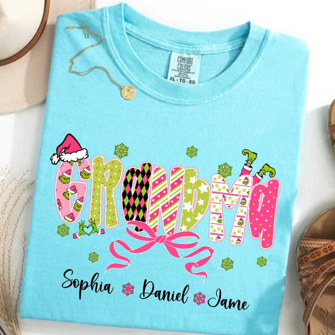 Personalized Christmas Grandma and Grankids Pink Snow Shirt
