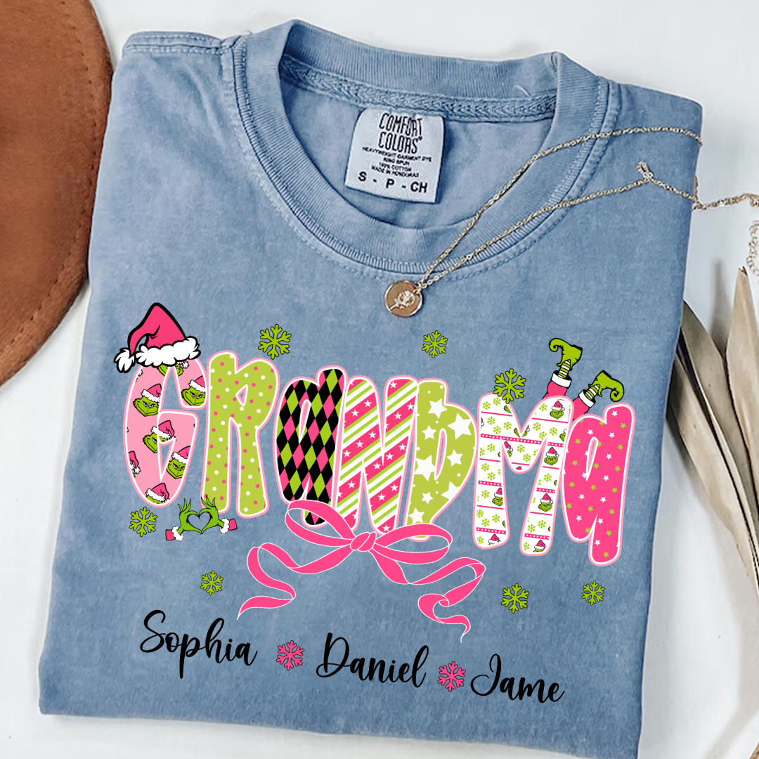 Personalized Christmas Grandma and Grankids Pink Snow Shirt