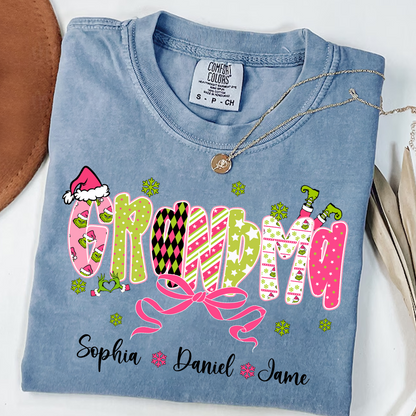 Personalized Christmas Grandma and Grankids Pink Snow Shirt