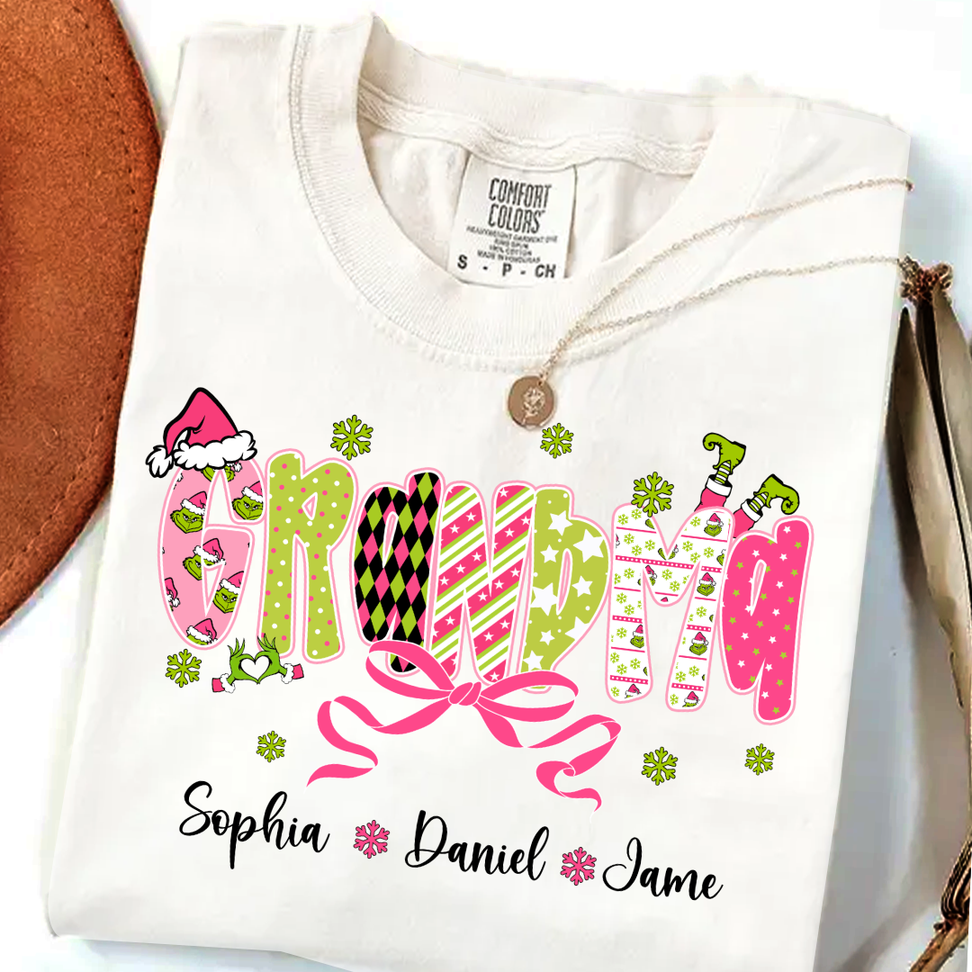 Personalized Christmas Grandma and Grankids Pink Snow Shirt