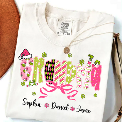 Personalized Christmas Grandma and Grankids Pink Snow Shirt