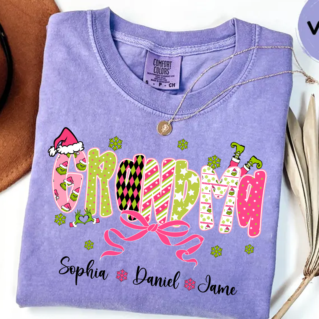 Personalized Christmas Grandma and Grankids Pink Snow Shirt