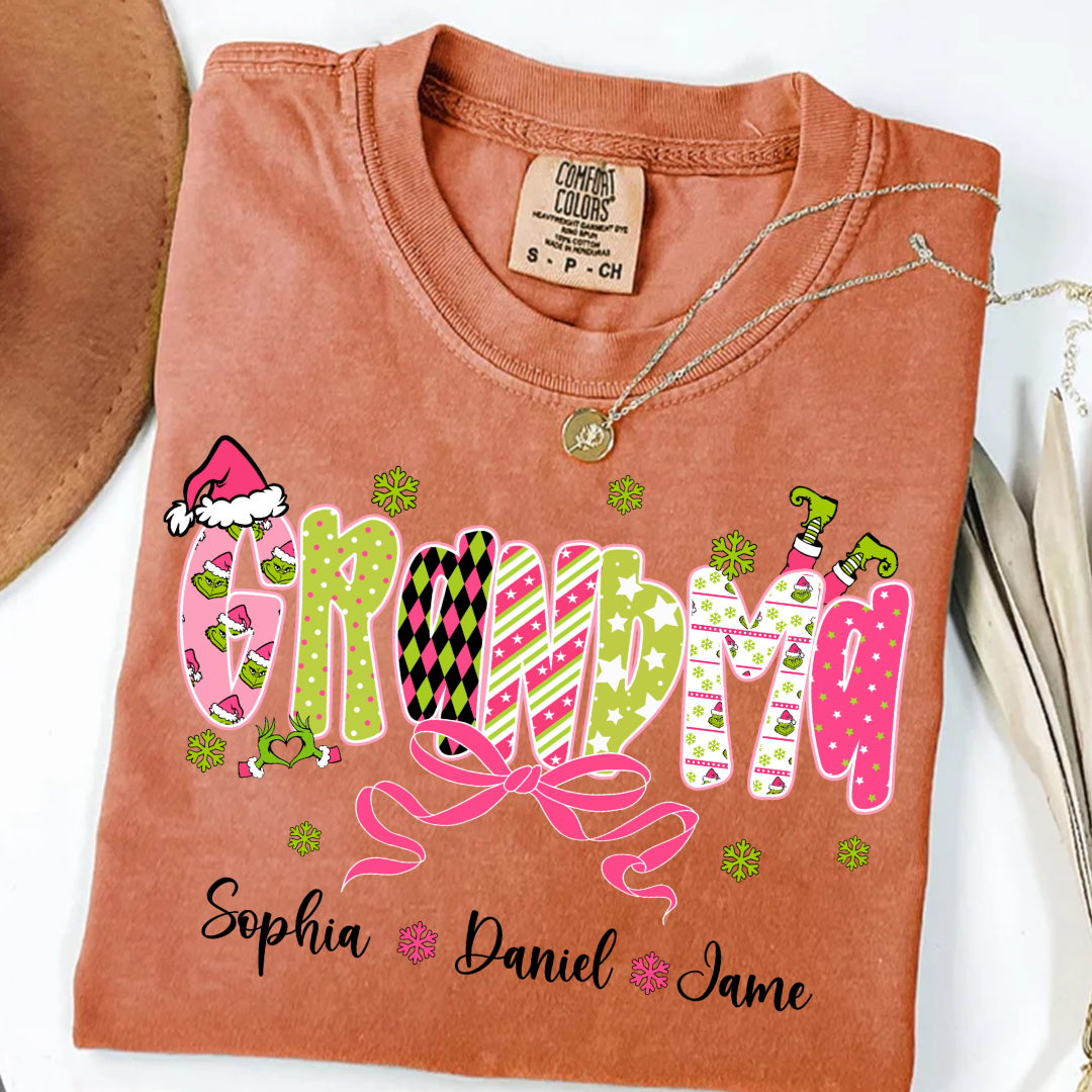 Personalized Christmas Grandma and Grankids Pink Snow Shirt