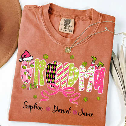 Personalized Christmas Grandma and Grankids Pink Snow Shirt