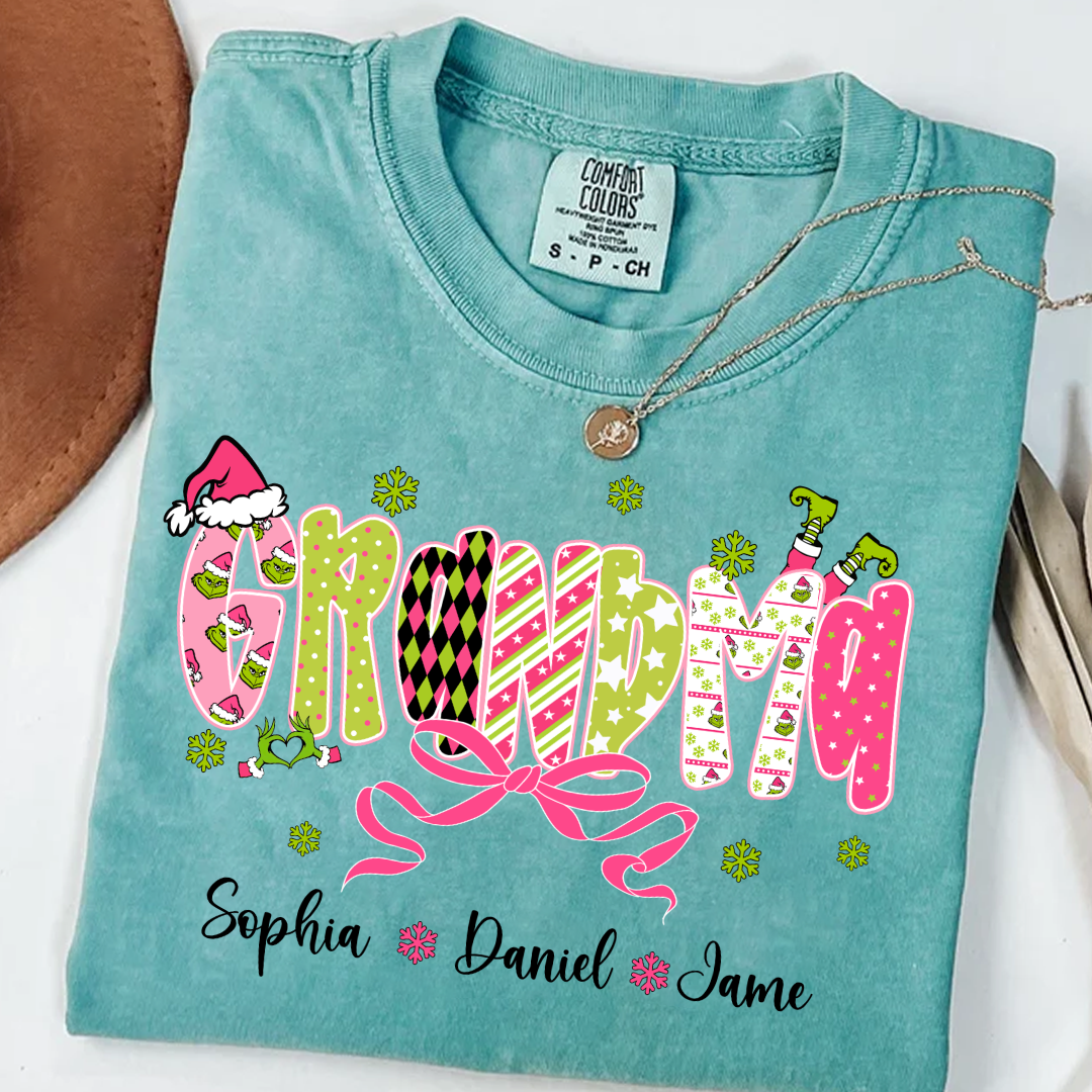 Personalized Christmas Grandma and Grankids Pink Snow Shirt