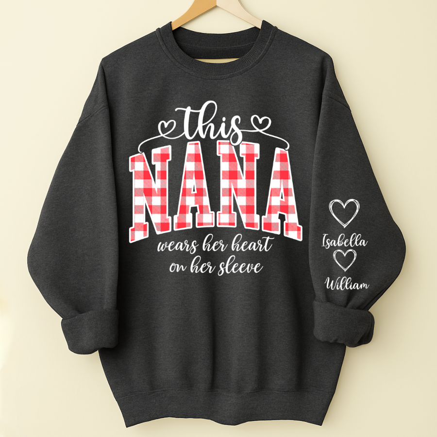 Personalized Christmas Nana Mimi Gigi Grandma And Grandkids with Heart On Sleeve Shirt
