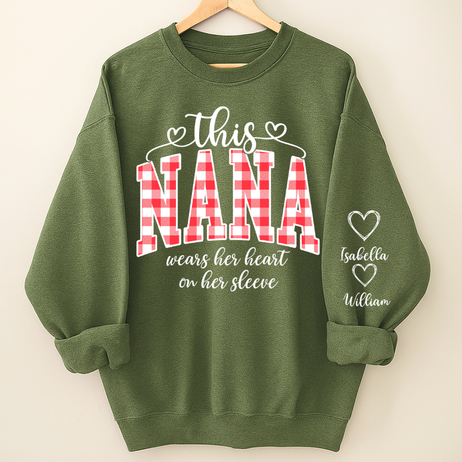 Personalized Christmas Nana Mimi Gigi Grandma And Grandkids with Heart On Sleeve Shirt