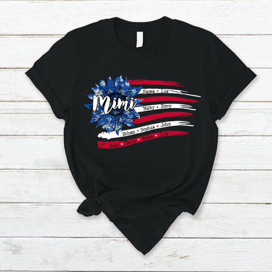 Personalized Grandma with Grandkids Sunflower American Flag  T-Shirt