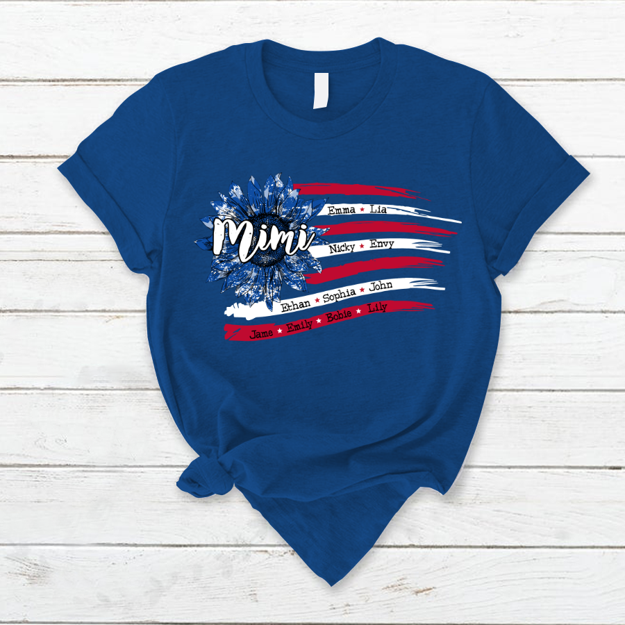 Personalized Grandma with Grandkids Sunflower American Flag  T-Shirt