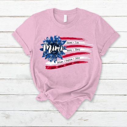 Personalized Grandma with Grandkids Sunflower American Flag  T-Shirt