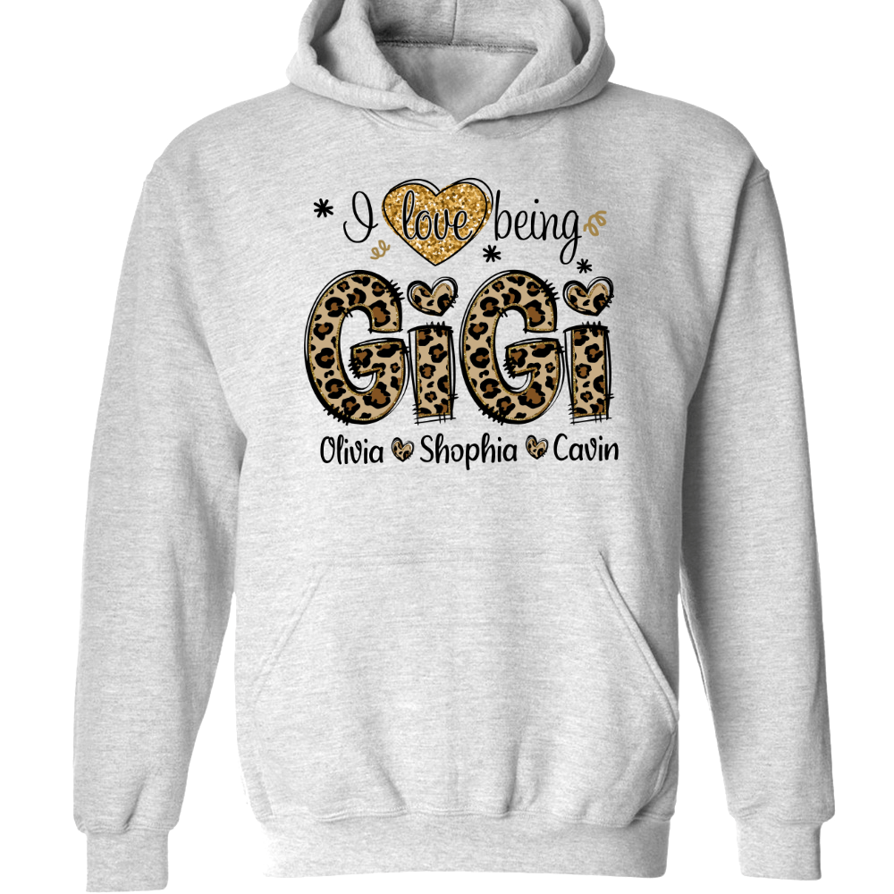 Personalized I love being Gigi Shirt, Custom Grandma With Grandkids Glitter Leopard Hoodie
