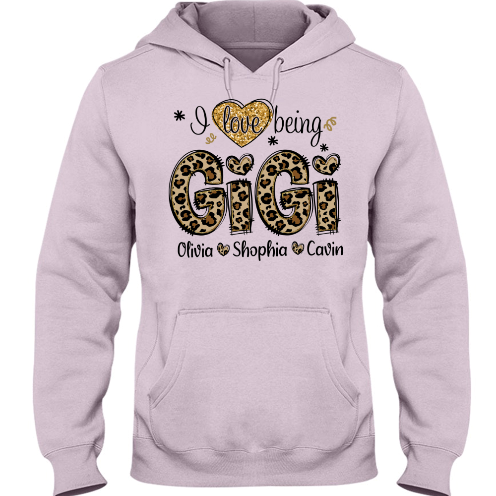 Personalized I love being Gigi Shirt, Custom Grandma With Grandkids Glitter Leopard Hoodie