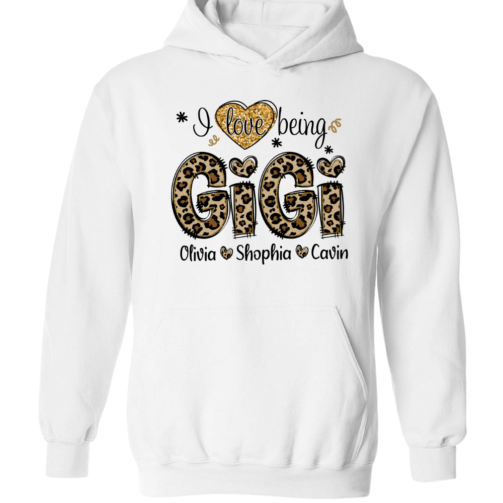 Personalized I love being Gigi Shirt, Custom Grandma With Grandkids Glitter Leopard Hoodie
