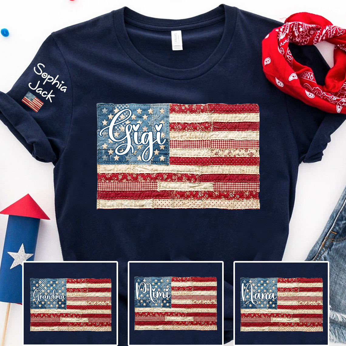Personalized Gigi Patriotic Patchwork Flag Shirt with Custom Kids Names on Sleeve, Vintage Grandma Family Shirt for Women, 4th of July Birthday Shirt