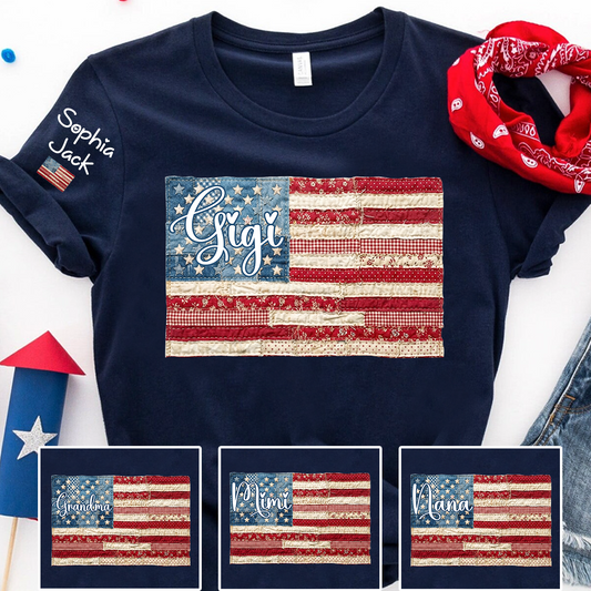 Personalized Gigi Patriotic Patchwork Flag Shirt with Custom Kids Names on Sleeve, Vintage Grandma Family Shirt for Women, 4th of July Birthday Shirt