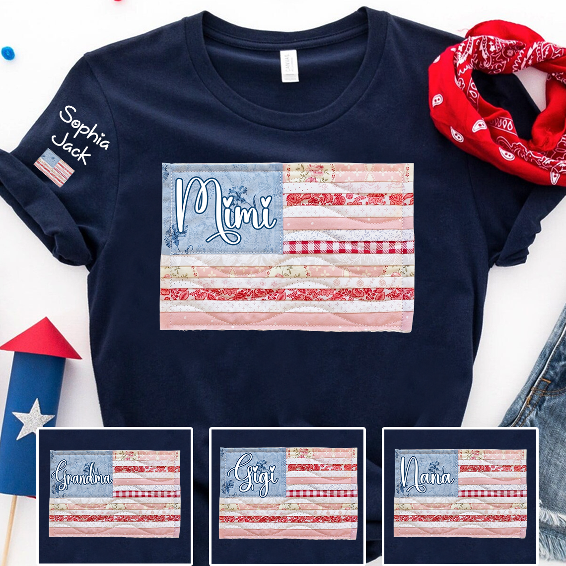 Personalized Mimi Patriotic Patchwork Flag Shirt with Custom Kids Names on Sleeve, Vintage Family Grandma Tee for Women, 4th of July Birthday Shirt