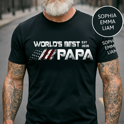 Personalized World’s Best Papa Shirt Custom Kids Names on Sleeve, Patriotic American Flag Grandpa T Shirt, Fathers Day Birthday Gift for Papa Dad Grandpa