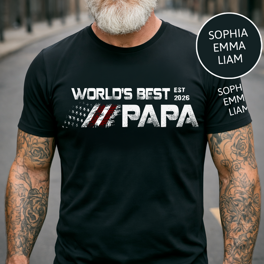Personalized World’s Best Papa Shirt Custom Kids Names on Sleeve, Patriotic American Flag Grandpa T Shirt, Fathers Day Birthday Gift for Papa Dad Grandpa