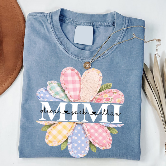 Comfort Colors® Personalized Mimi Floral Flower Shirt, Custom Kids Names Grandma Gift T-Shirt, Mama Mimi Daisy Patchwork Floral Tee, Family Name Custom Mom Shirt