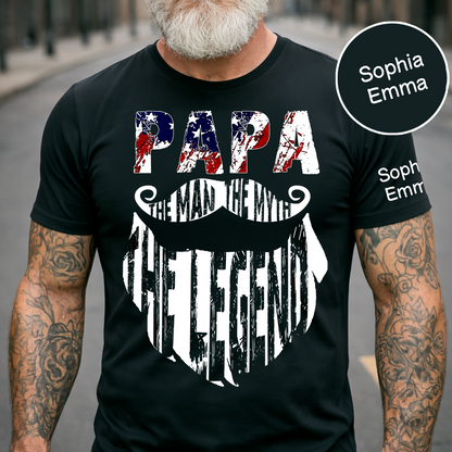 Papa The Man The Legend Shirt, Personalized Dad Grandpa Tee with Kids Names, Patriotic USA Flag Design T-Shirt for Father Birthday 4th of July