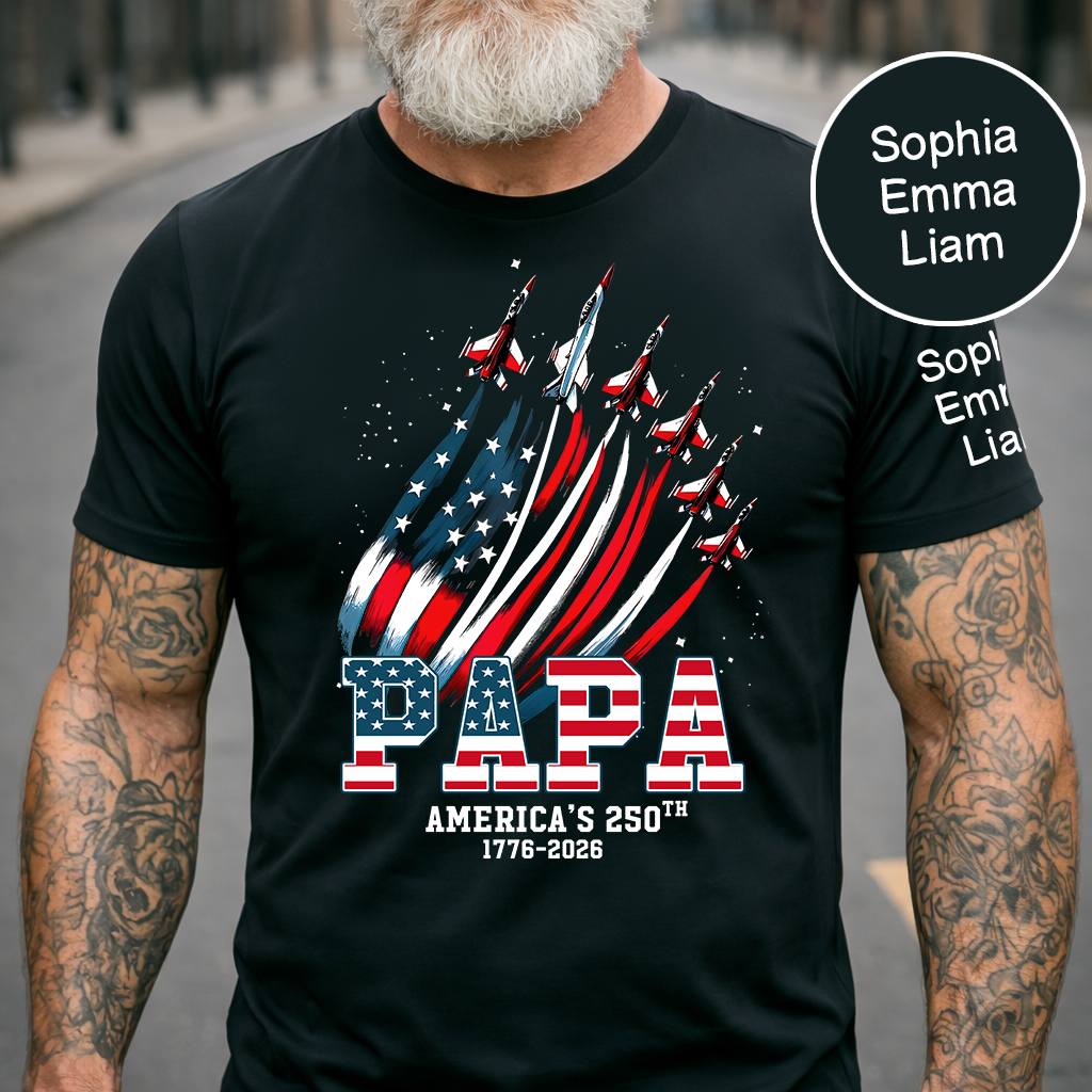 Personalized Papa Patriotic American Flag Shirt with Kids Names, Custom Family Nickname T-Shirt for Dad Fathers Day 4th of July America’s 250th 1776-2026