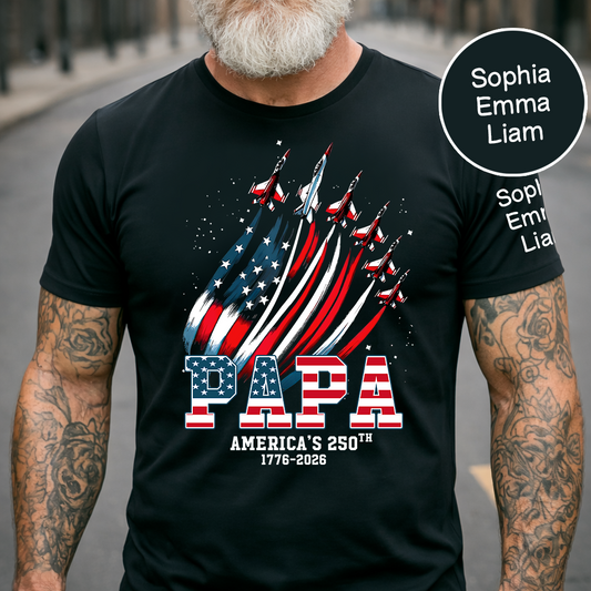 Personalized Papa Patriotic American Flag Shirt with Kids Names, Custom Family Nickname T-Shirt for Dad Fathers Day 4th of July America’s 250th 1776-2026