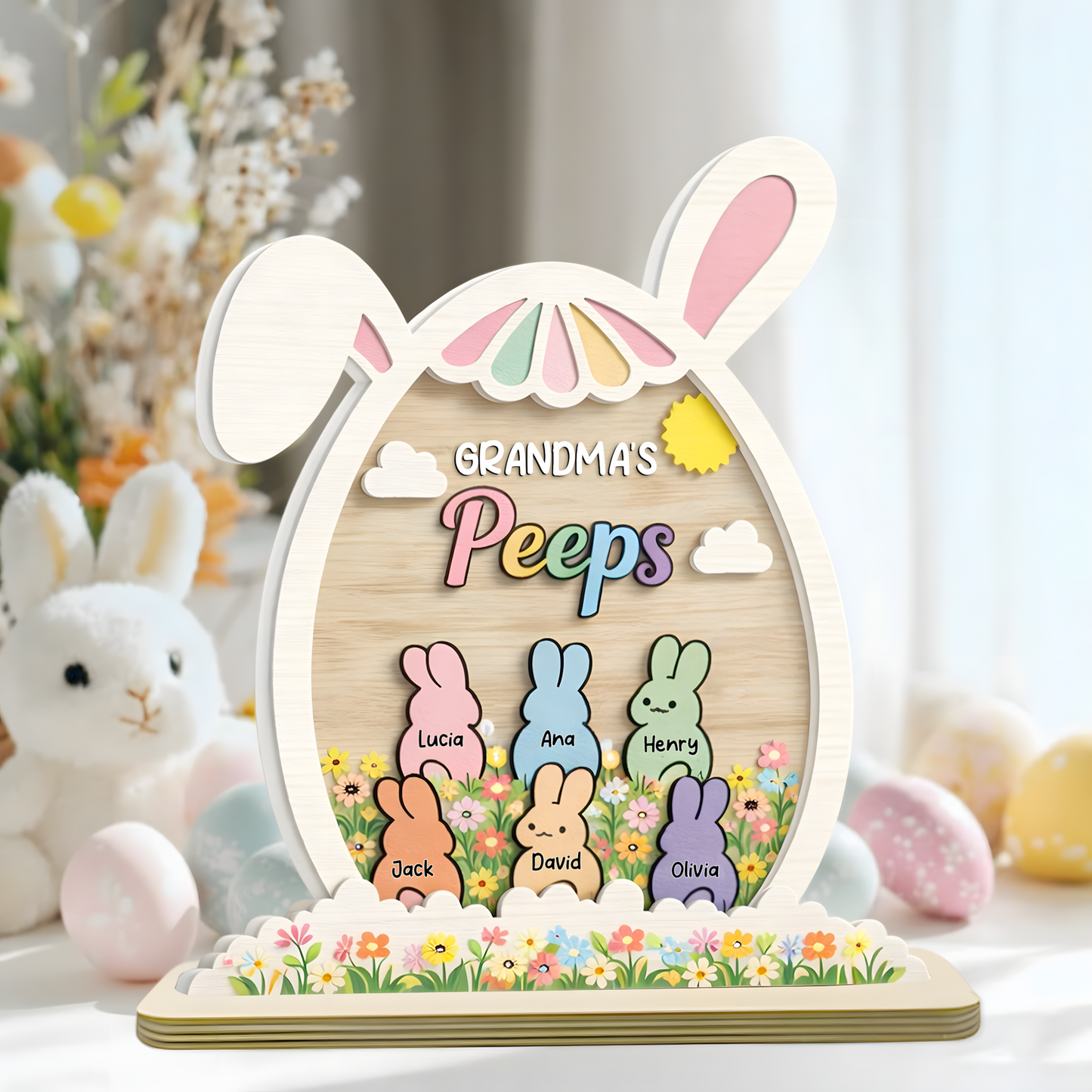 Personalized Easter 2-Layer Wooden Plaque - Custom Family Name Spring Decor for Grandma