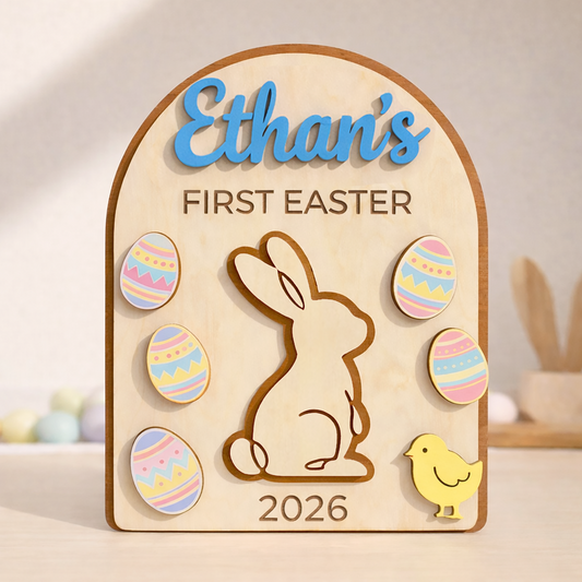 Personalized First Easter Wooden Plaque - Custom Name and Date for Baby Boy or Girl, Cute Bunny and Egg Design