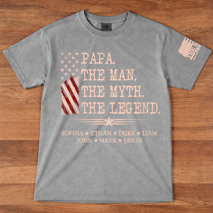 Custom Papa Shirt The Man The Myth The Legend with Kids Names, Vintage American Flag Dad Tee, Patriotic Gift for Father