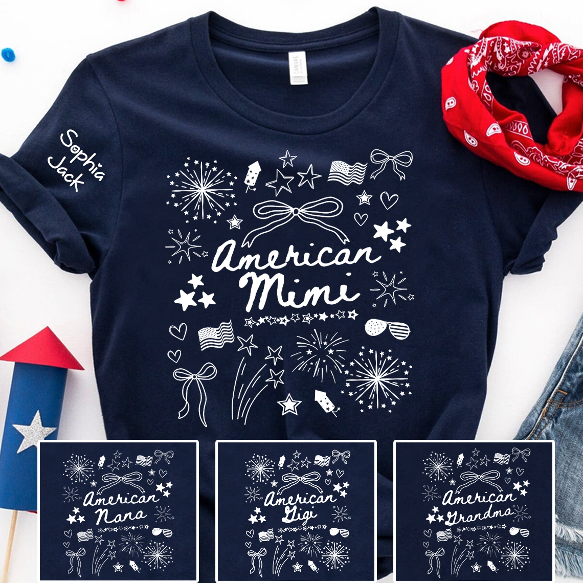 Personalized American Mimi T-Shirt Custom Family Nickname Shirt with Firework Design for 4th of July, Gifts for Mother's Day, Birthday