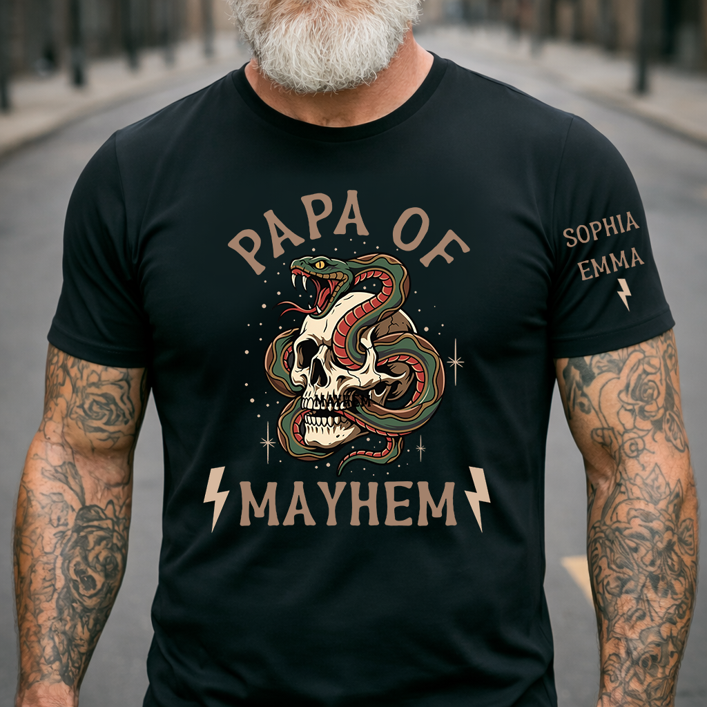 Papa Of Mayhem Personalized Shirt, Custom Papa Skull Snake Tee with Kids Names on Sleeve, Funny Grandpa Father Graphic T Shirt, Gift For Father’s Day Birthday