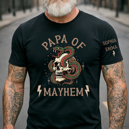 Papa Of Mayhem Personalized Shirt, Custom Papa Skull Snake Tee with Kids Names on Sleeve, Funny Grandpa Father Graphic T Shirt, Gift For Father’s Day Birthday