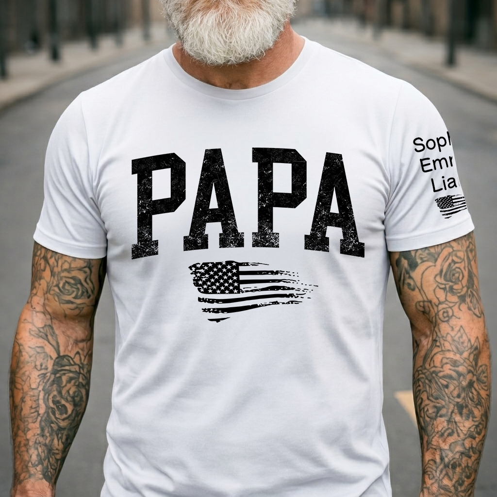 Personalized Papa Shirt with Grandkids Names, Patriotic Flag Custom Sleeve Tee, Fathers Day Birthday Gift for Grandpa