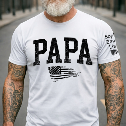 Personalized Papa Shirt with Grandkids Names, Patriotic Flag Custom Sleeve Tee, Fathers Day Birthday Gift for Grandpa