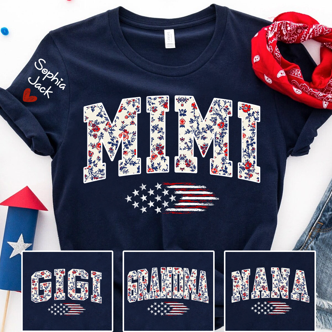 Personalized Floral Mimi Flag American T-shirt - Custom Family Nickname Shirt with USA Flag Design for 4th of July, Perfect for Nana, Gigi, Grandma