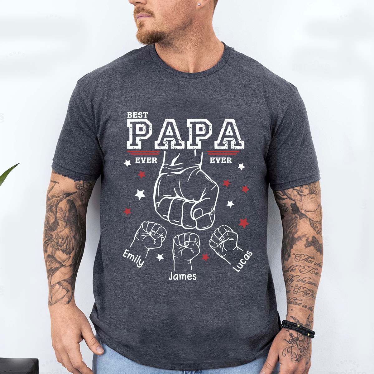 Best Papa Ever Shirt, Personalized Grandpa Fist Bump T Shirt with Kids Names, Custom Papa Papaw Poppy Grandpa Gift for Father's Day Birthday Tee