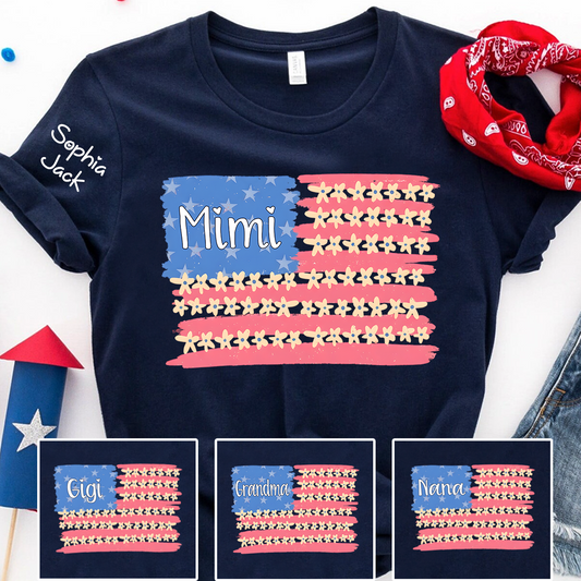 Personalized Mimi Flag Flower American T-shirt , Personalized Mimi Gigi Grandma Nana Shirt for 4th of July, Mother's Day, Birthday Gift, Custom Family Names