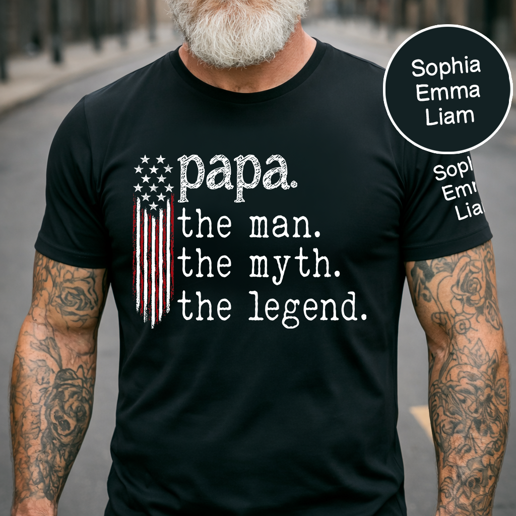 Personalized Papa The Man The Myth The Legend American Flag Shirt with Kids Names, Custom Family Nickname T-Shirt for Dad Fathers Day Gift
