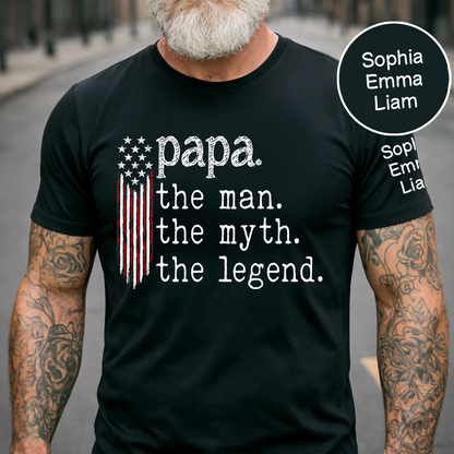 Personalized Papa The Man The Myth The Legend American Flag Shirt with Kids Names, Custom Family Nickname T-Shirt for Dad Fathers Day Gift
