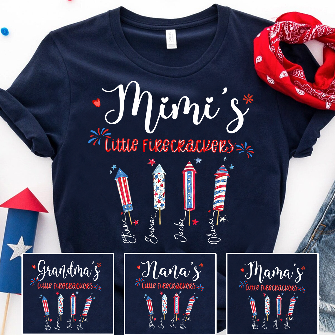 Personalized Mimi's Little Firecrackers T-shirt with Patriotic Fireworks Design, Grandma Gigi Mama Mimi Shirt for 4th of July, Patriotic Gift for Mother's Day