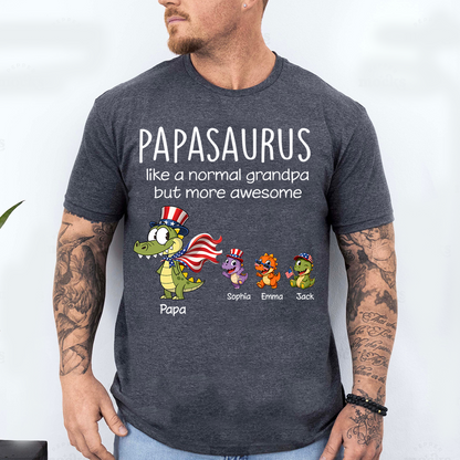 Personalized Papa Dinosaur Shirt with Custom Kids Names, Funny Grandpa Family T Shirt for Papa Grandfather,  Patriotic Grandpa Family, U.S. 250th Anniversary 1776 2026 Gift For Fathers Day Birthday