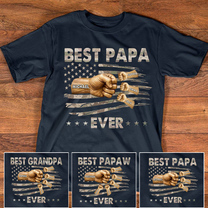 Personalized Best Papa Ever Shirt, Custom Fist Bump Family Names Tee for Papa Grandpa Dad, Patriotic American Flag Fathers Day Shirt