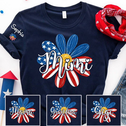 Custom Mimi T Shirt with Kids Names Floral Daisy American Flag Design Personalized Family Gift for Mimi 4th of July