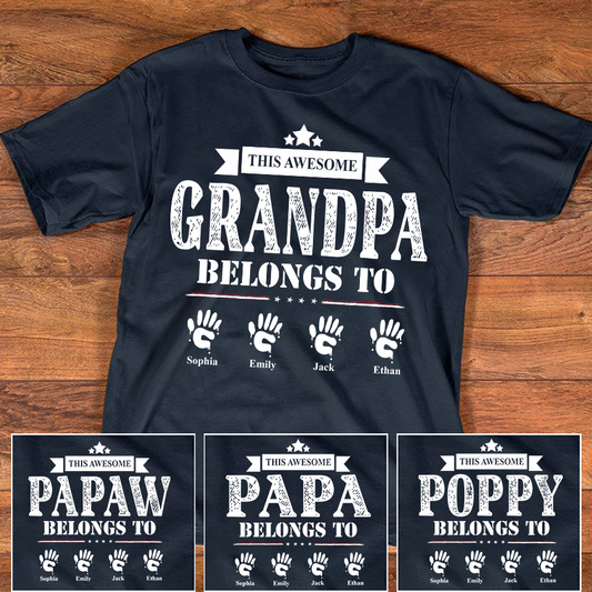 This Awesome Grandpa Belongs to Kids Shirt, Personalized Papa Tee with Kids Names, Patriotic Dad Shirt, Custom Grandpa Gift, 4th of July Family Shirt