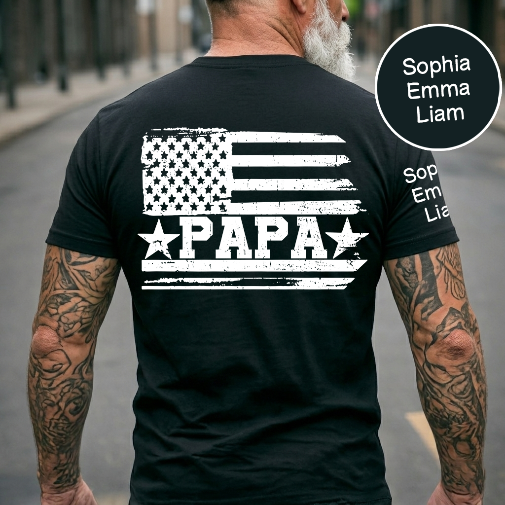 Personalized Papa T-Shirt with Custom Kids Names Option, American Flag Patriotic Design for Dad, Fathers Day Birthday Gift, Family Celebration Shirt