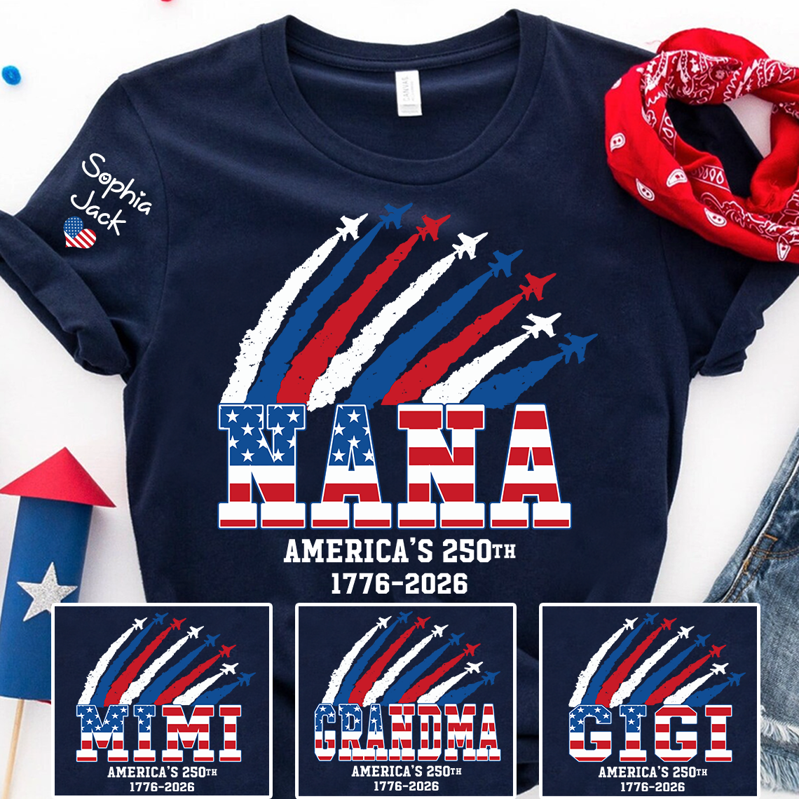 Personalized Nana America’s 250th Anniversary Shirt, Custom Grandma Mimi Gigi Patriotic T Shirt, 4th of July Family Independence Day Apparel